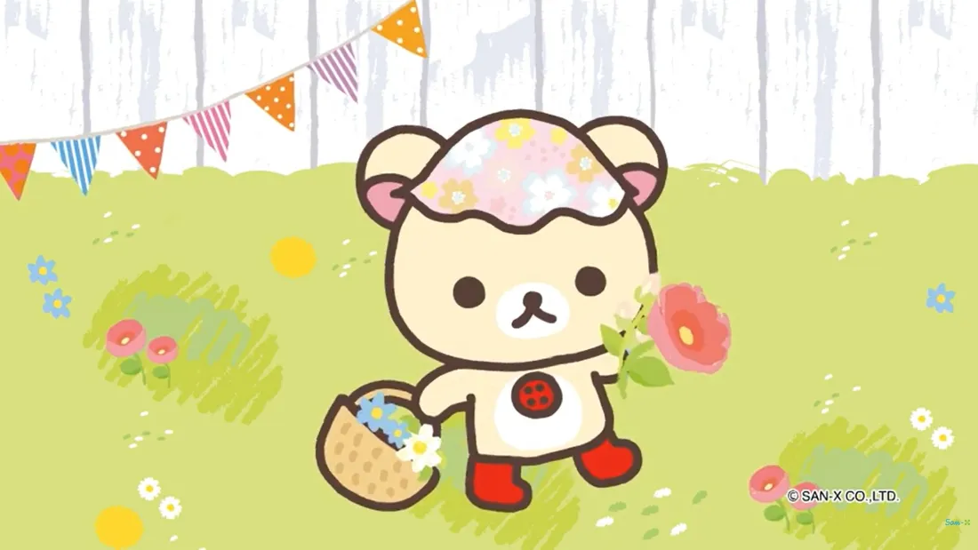 2k轻松熊壁纸｜草地背景图片 - 萌系花篮彩旗春日「哲风壁纸」