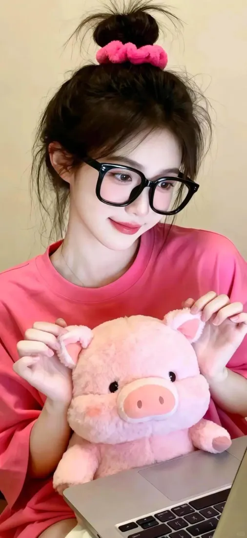 美女手机壁纸｜粉色背景图片 - 粉色衣服 小猪玩偶 丸子头「哲风壁纸」