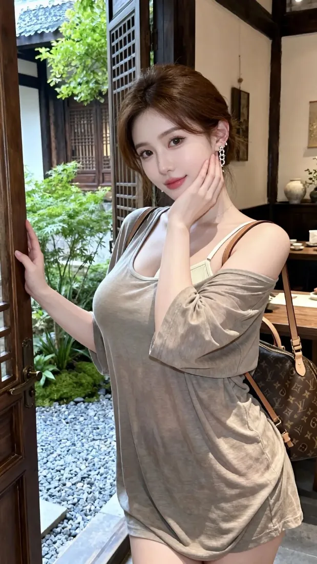 露肩美女手机壁纸｜中式庭院背景图片 - 时尚穿搭「哲风壁纸」