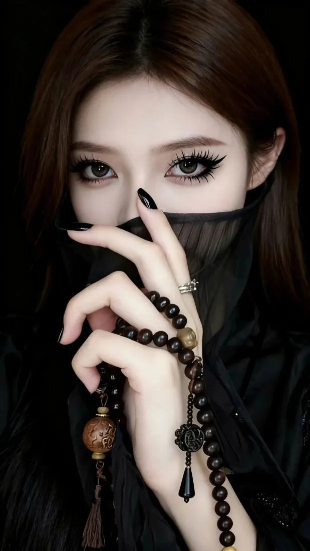 黑衣美女手机壁纸｜暗色背景图片 - 佛珠面纱「哲风壁纸」