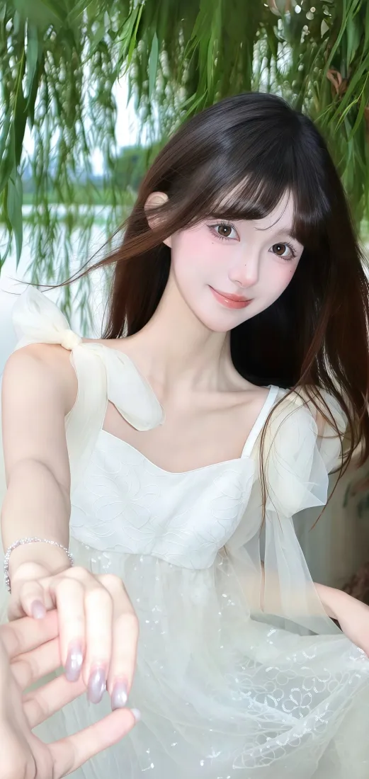 白衣美女手机壁纸｜自然风景背景 - 湖边柳树「哲风壁纸」
