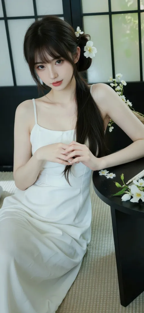 白衣美女手机壁纸｜室内花景背景 - 白裙「哲风壁纸」