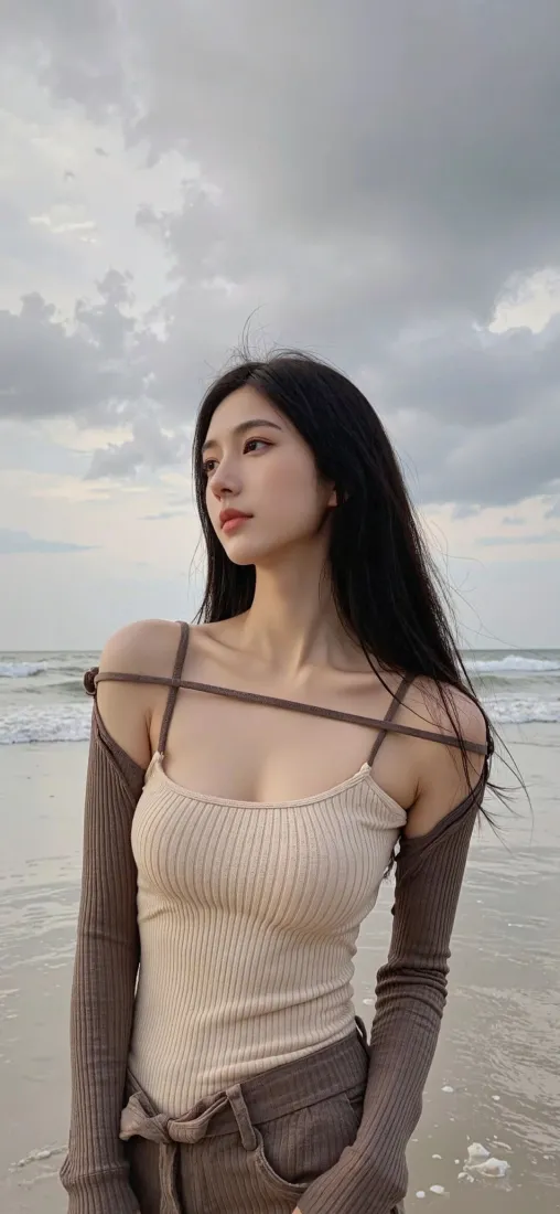 长发美女海边手机壁纸｜沙滩背景图片 - 阴天穿搭「哲风壁纸」