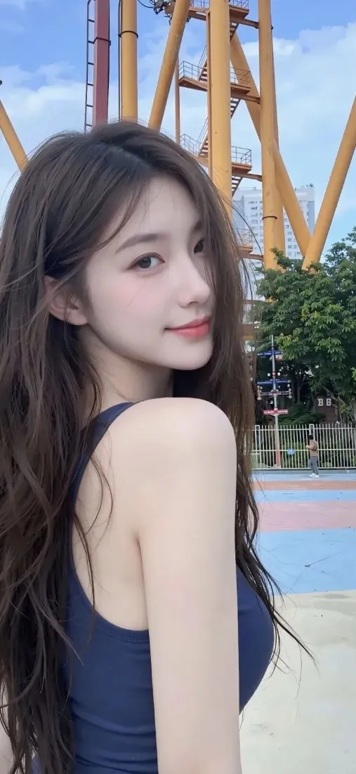 蓝衣美女手机壁纸｜户外背景图片 - 游乐设施「哲风壁纸」