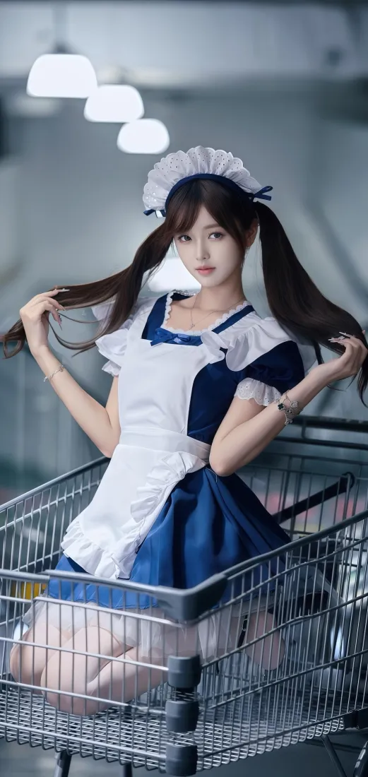 女仆装美女手机壁纸｜蓝白购物车背景 - Ios「哲风壁纸」