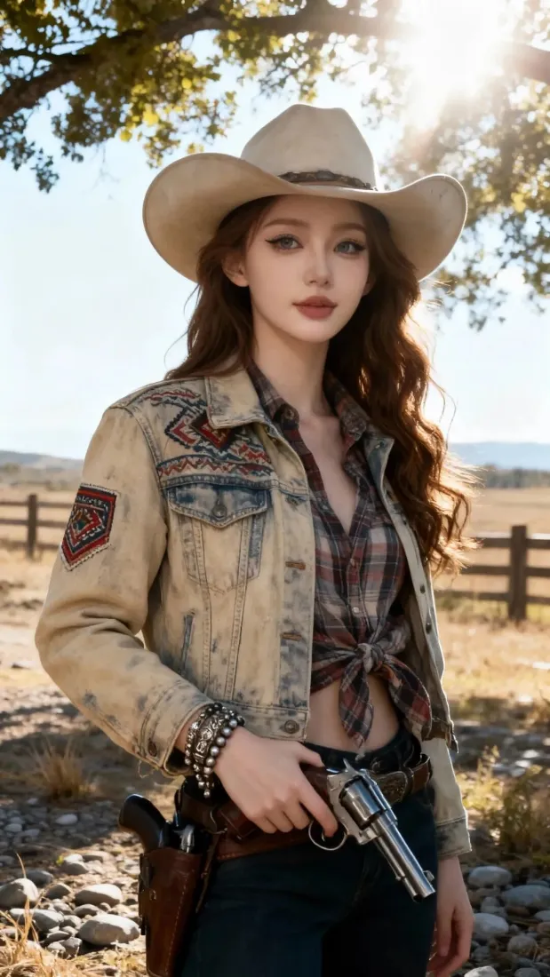 牛仔帽美女手机壁纸｜牧场背景图片 - 西部风格「哲风壁纸」