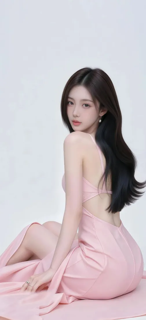 粉色连衣裙美女手机壁纸｜浅灰背景图片 - Ios「哲风壁纸」