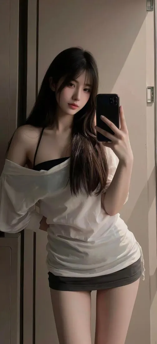 美女手机壁纸｜室内背景图片 - 自拍露肩穿搭「哲风壁纸」