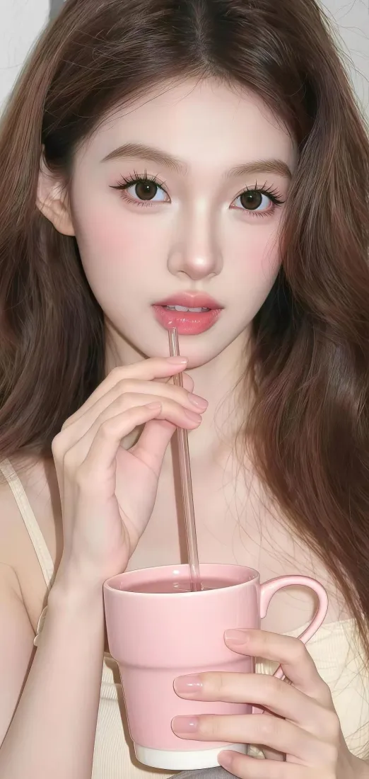 长发美女手机壁纸｜粉色杯背景图 - Ios「哲风壁纸」