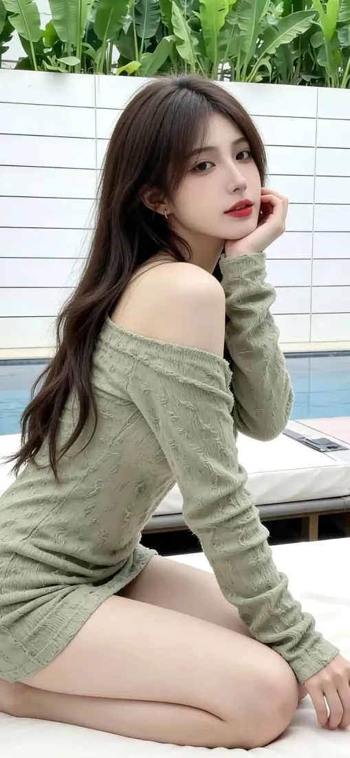 绿色连衣裙美女手机壁纸｜泳池绿植背景图片 - 露肩短裙「哲风壁纸」