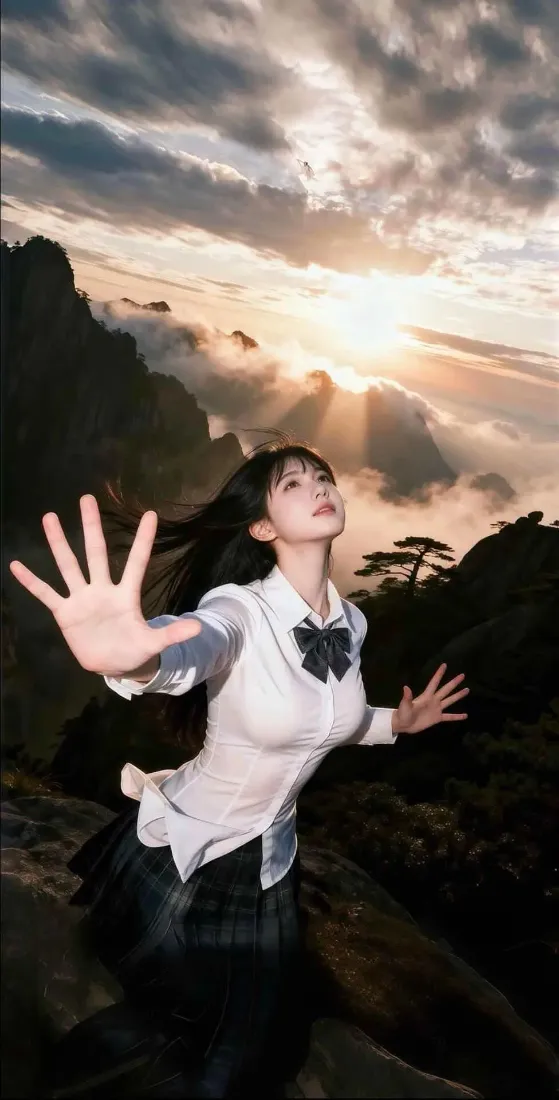 校服美女手机壁纸｜山间日出背景图片 - 云海山峦「哲风壁纸」