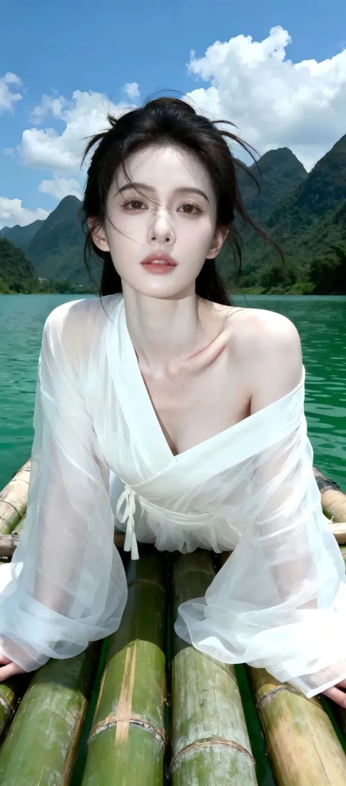 古装美女手机壁纸｜山水竹筏背景图片 - 清新古风「哲风壁纸」