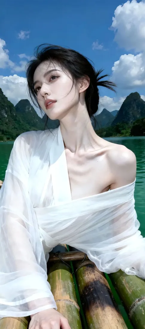 白衣美女手机壁纸｜山水背景图片 - 自然风景「哲风壁纸」