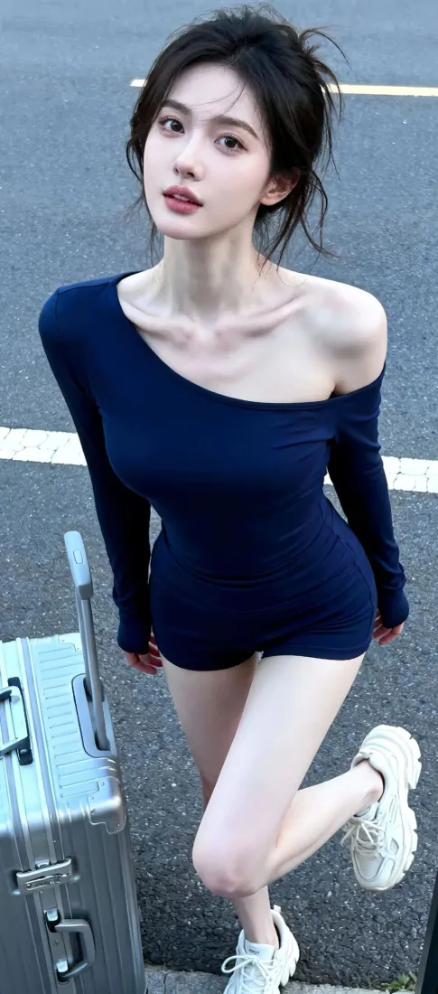 美女露肩紧身衣手机壁纸｜街道背景图 - 白色运动鞋「哲风壁纸」