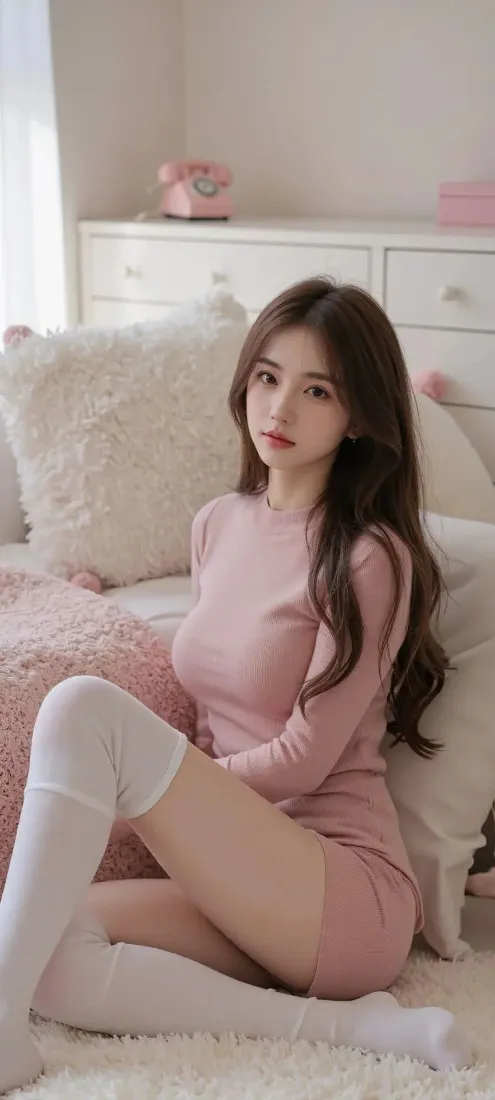 美女手机壁纸｜卧室背景图片 - 粉色连衣裙白色长袜「哲风壁纸」