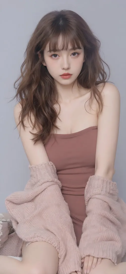 卷发美女手机壁纸｜灰色背景图片 - 棕色抹胸裙「哲风壁纸」
