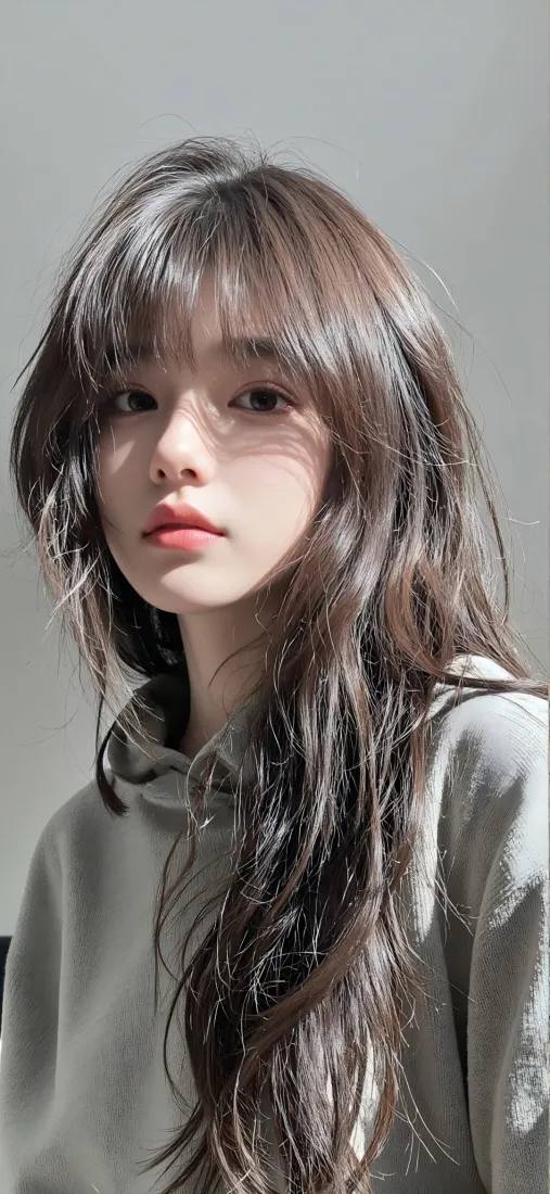 长发美女手机壁纸｜浅灰背景图片 - 日常写真「哲风壁纸」