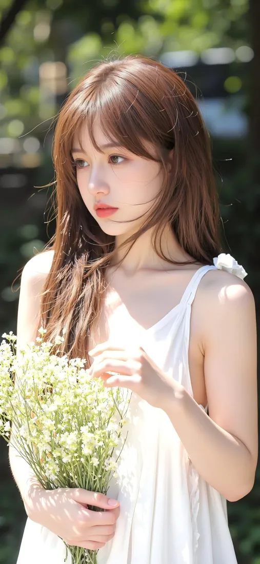 白衣美女手机壁纸｜自然背景图片 - 捧花森系「哲风壁纸」