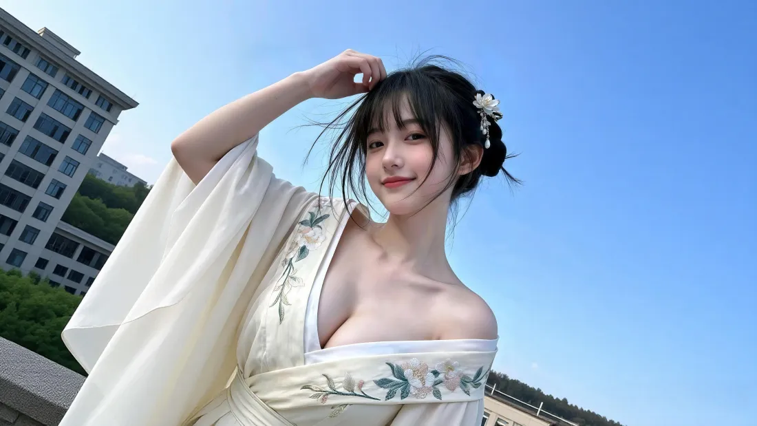 4k汉服小姐姐壁纸｜天台背景图片 - 性感美女「哲风壁纸」