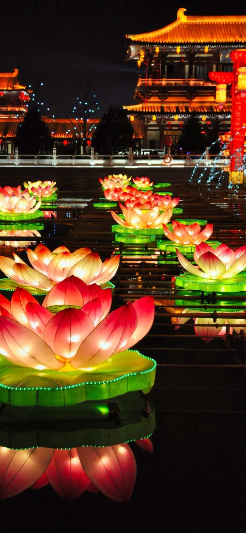 西安夜景手机壁纸｜西安古建筑背景图片 - 莲花灯水灯「哲风壁纸」