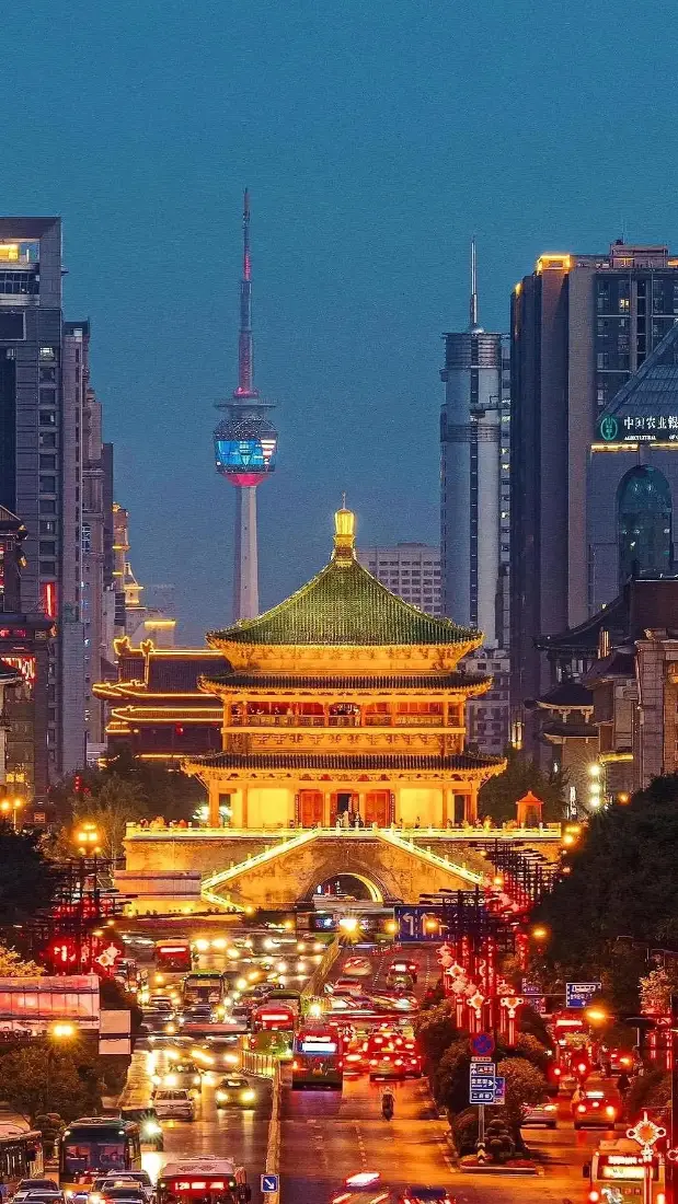 西安钟楼夜景手机壁纸｜城市车流背景图片 - 灯光建筑「哲风壁纸」