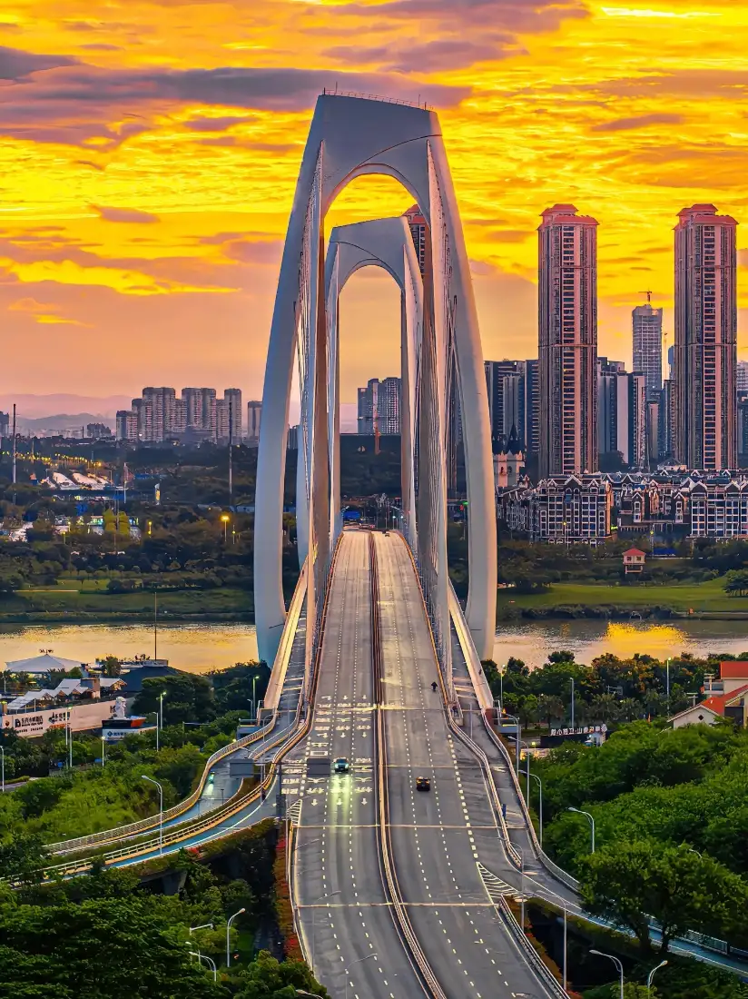 现代桥梁手机壁纸｜城市背景图 - 日落晚霞河畔高楼「哲风壁纸」