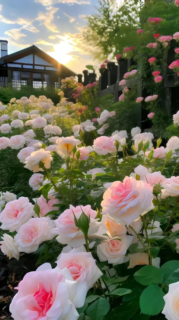 玫瑰花手机壁纸｜花园背景图片 - 夕阳房屋花卉「哲风壁纸」