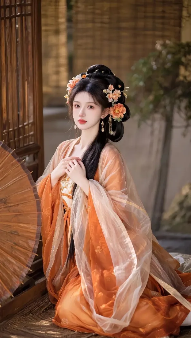 橙色古装美女手机壁纸｜古风背景 - 传统服饰油纸伞「哲风壁纸」