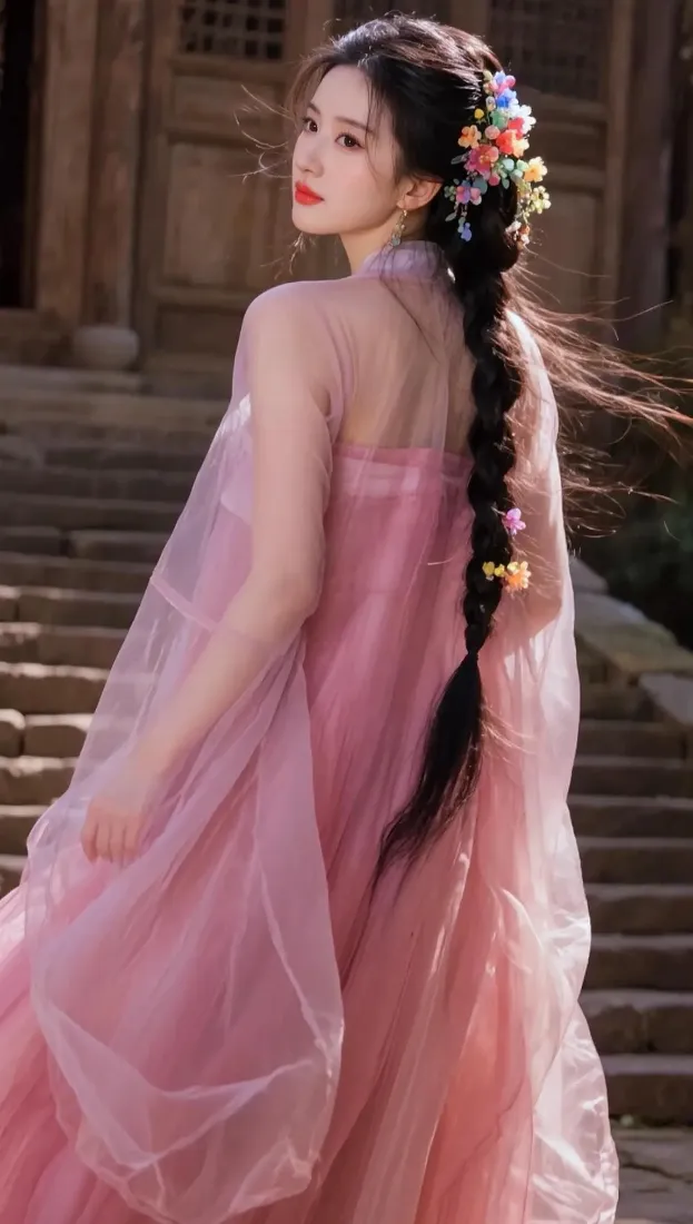 粉色古装美女手机壁纸｜古风建筑背景 - 花饰长发「哲风壁纸」