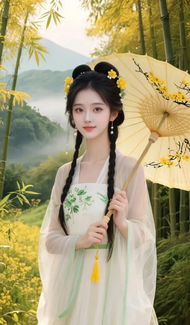 古装美女手机壁纸｜竹林山水背景 - 油纸伞汉服「哲风壁纸」