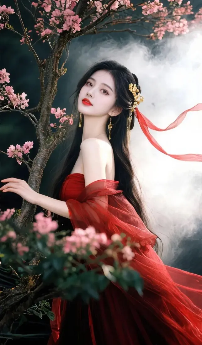 红衣古装美女手机壁纸｜桃花古风背景图片 - 国风「哲风壁纸」