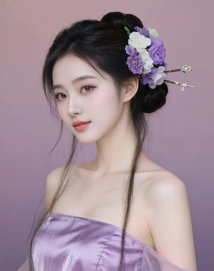 古装美女手机壁纸｜紫粉背景图片 - 花朵发簪「哲风壁纸」