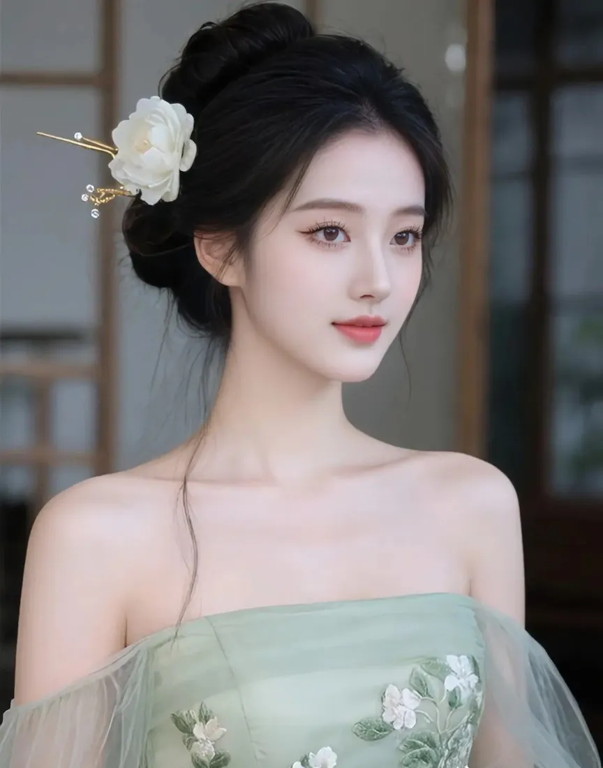 古装美女手机壁纸｜古风背景图片 - 绿色古装花簪「哲风壁纸」