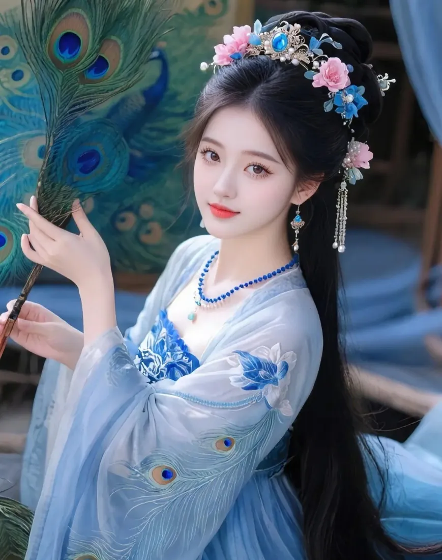古装美女手机壁纸｜蓝色背景图 - 孔雀羽毛古风「哲风壁纸」