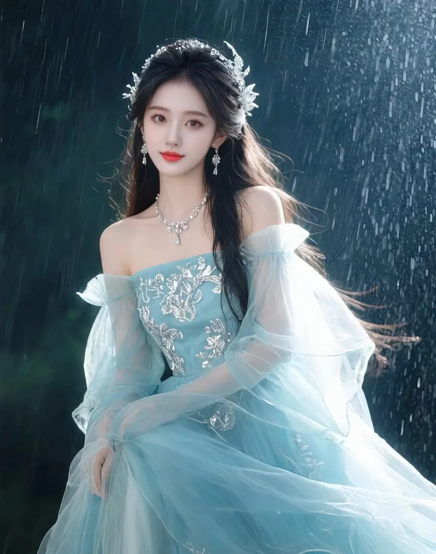 蓝衣古装美女手机壁纸｜雨中背景 - 古风汉服「哲风壁纸」