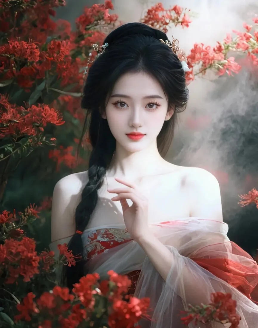 红衣古装美女手机壁纸｜红花背景图片 - 古风「哲风壁纸」