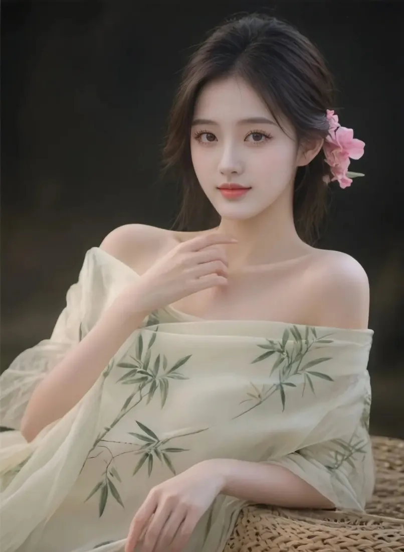 古装美女手机壁纸｜暗背景图片 - 竹纹粉花「哲风壁纸」