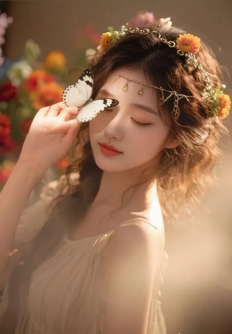 古装美女手机壁纸｜花环蝴蝶背景图片 - 森系梦幻「哲风壁纸」