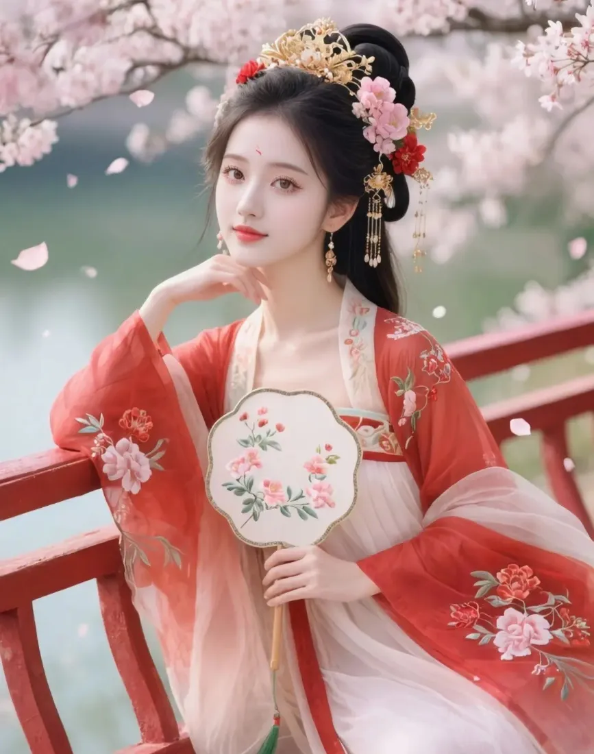 古装美女手机壁纸｜樱花背景 - 红衣团扇古风「哲风壁纸」
