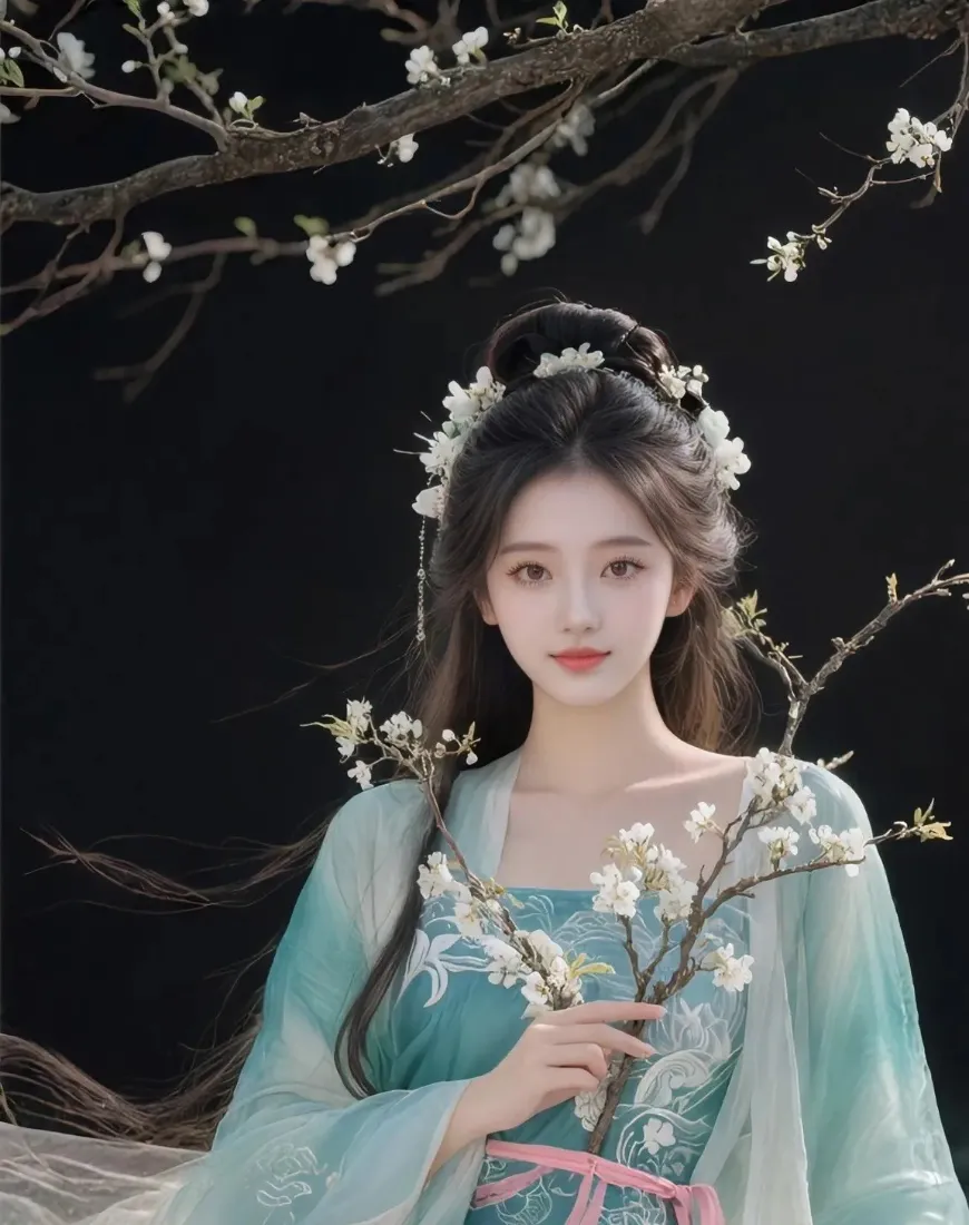 青衣美女手机壁纸｜古风背景图片 - 古装花枝白花「哲风壁纸」