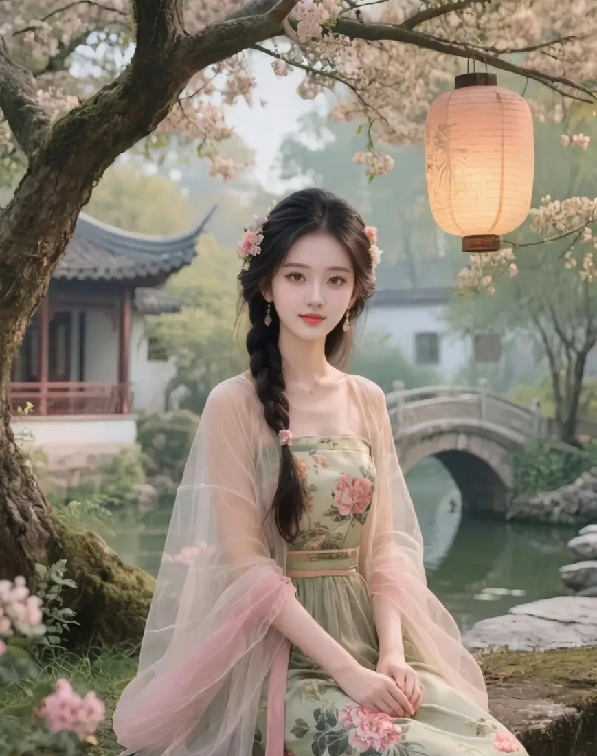 古装美女手机壁纸｜江南园林背景图片 - 樱花灯笼「哲风壁纸」
