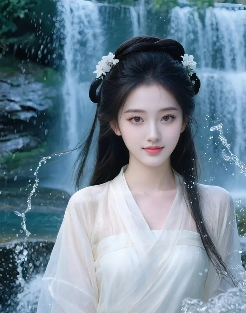 古装美女手机壁纸｜瀑布背景图片 - 白衣古风「哲风壁纸」