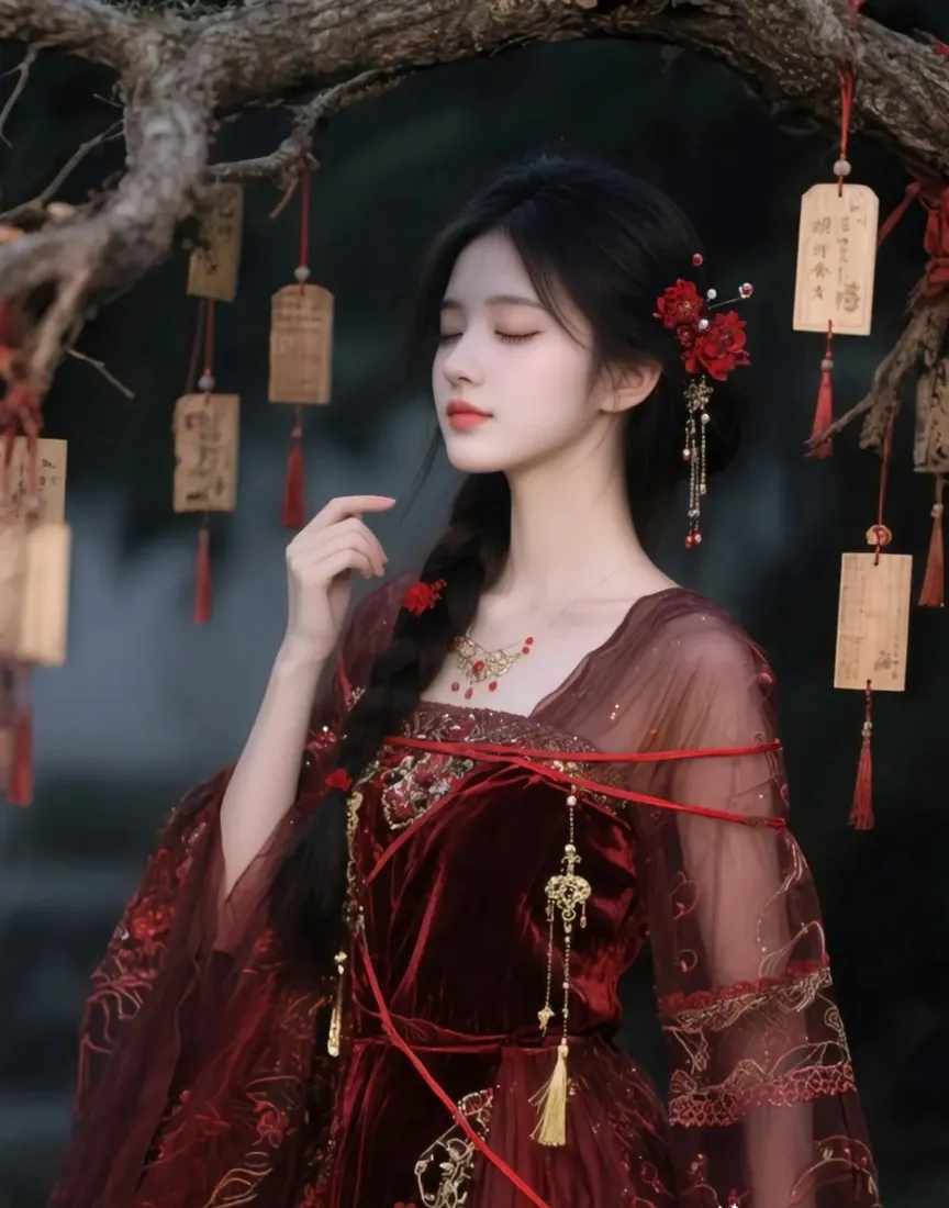 红衣美女手机壁纸｜古风背景 - 古装木牌美女「哲风壁纸」
