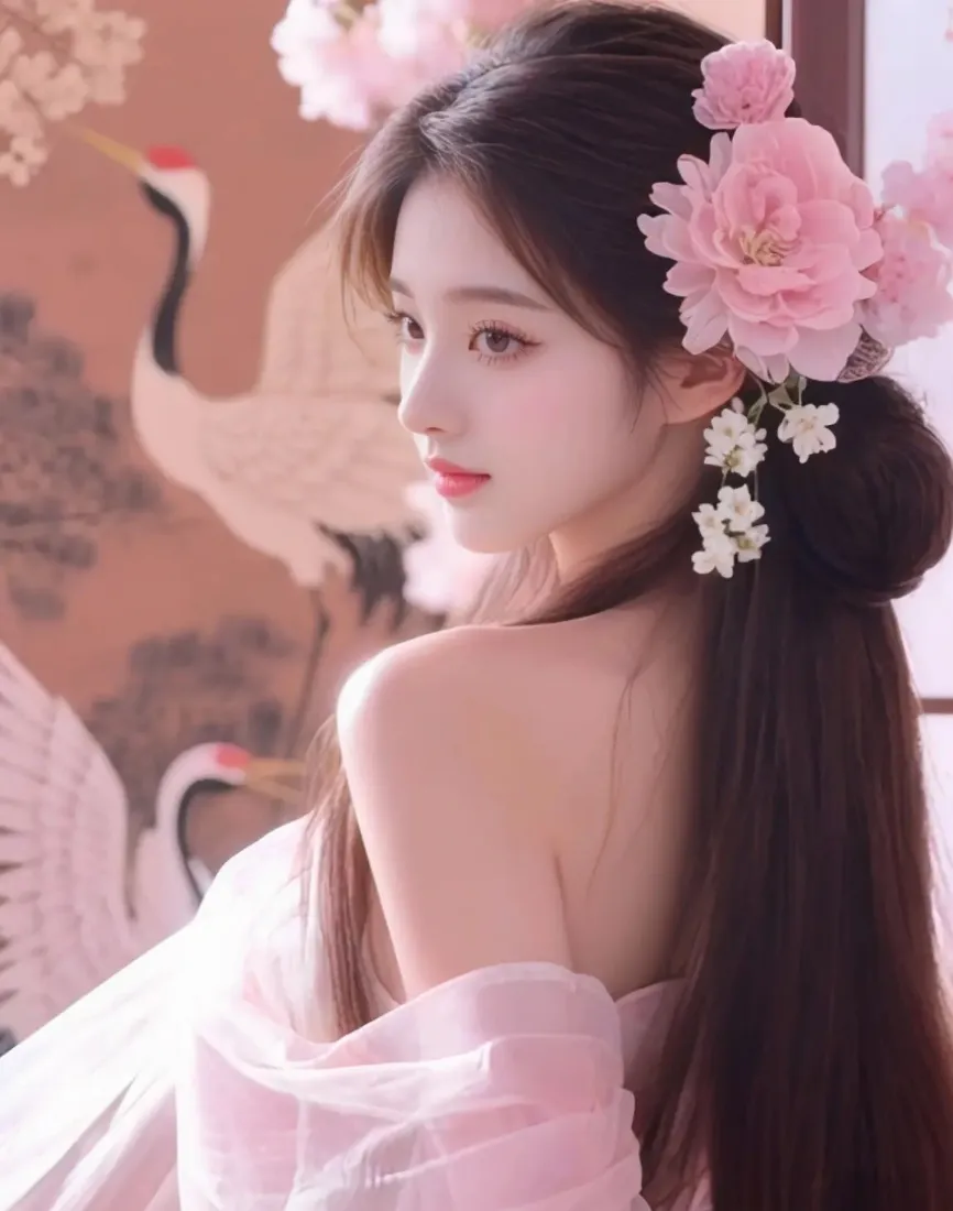 古装美女手机壁纸｜仙鹤背景图片 - 粉色纱衣「哲风壁纸」