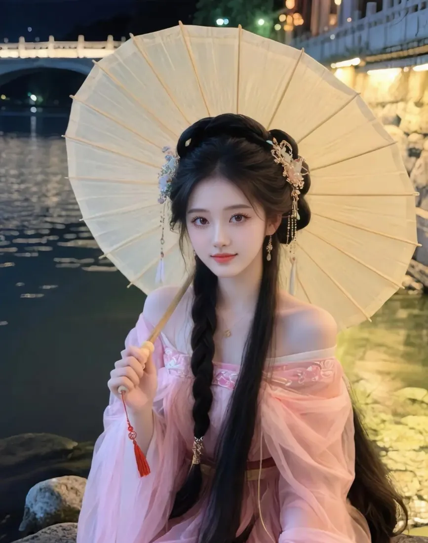 粉色古装美女手机壁纸｜夜景河畔背景图片 - 油纸伞「哲风壁纸」