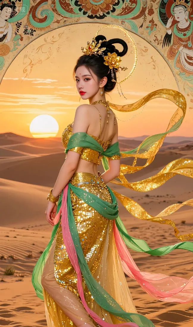 敦煌飞天古装美女手机壁纸｜沙漠夕阳背景图片 - 飘带「哲风壁纸」