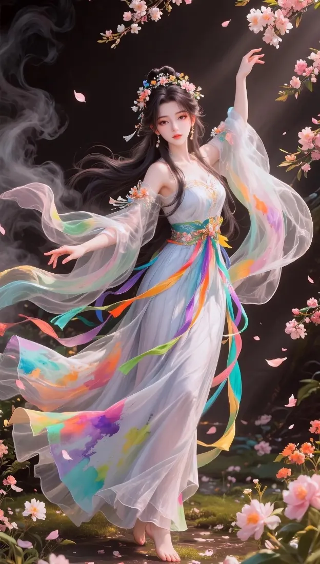 古装美女手机壁纸｜古风背景图 - 彩色长裙花环花瓣「哲风壁纸」