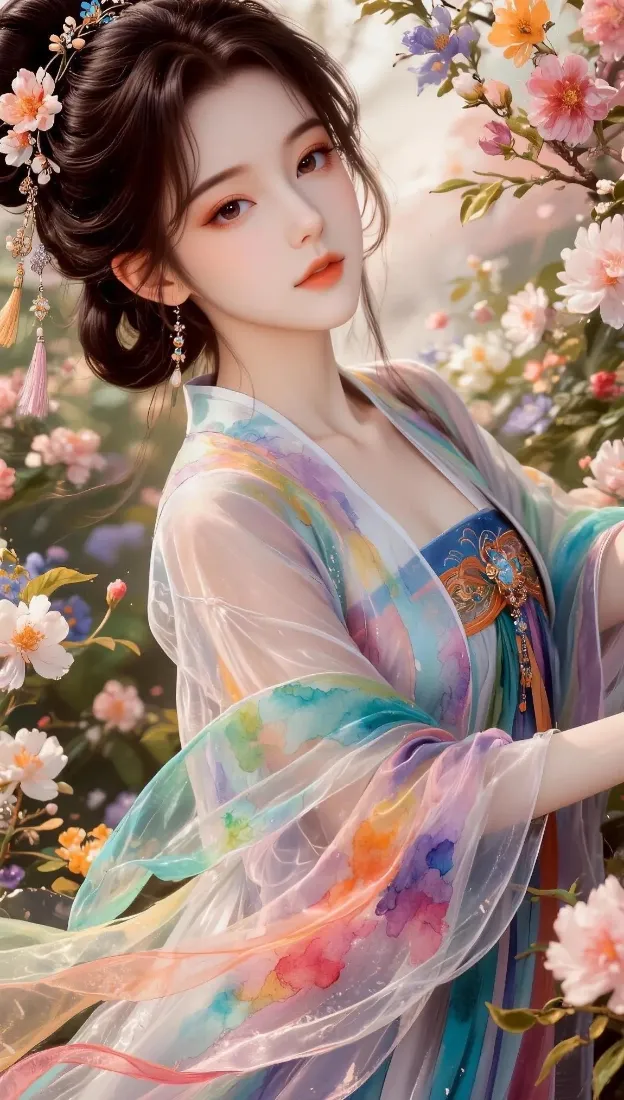 古装美女手机壁纸｜古风花朵背景图片 - 彩色纱衣古典美人「哲风壁纸」