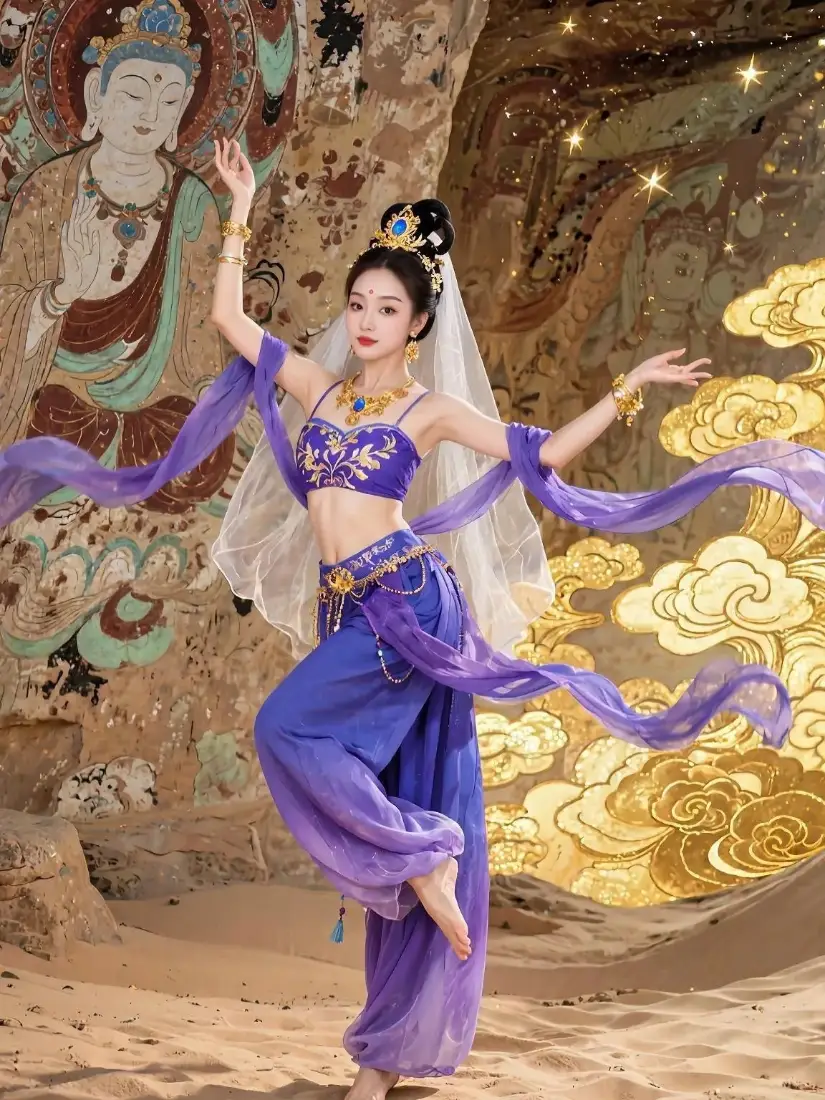 敦煌飞天手机壁纸｜壁画背景图片 - 紫色古装美女「哲风壁纸」