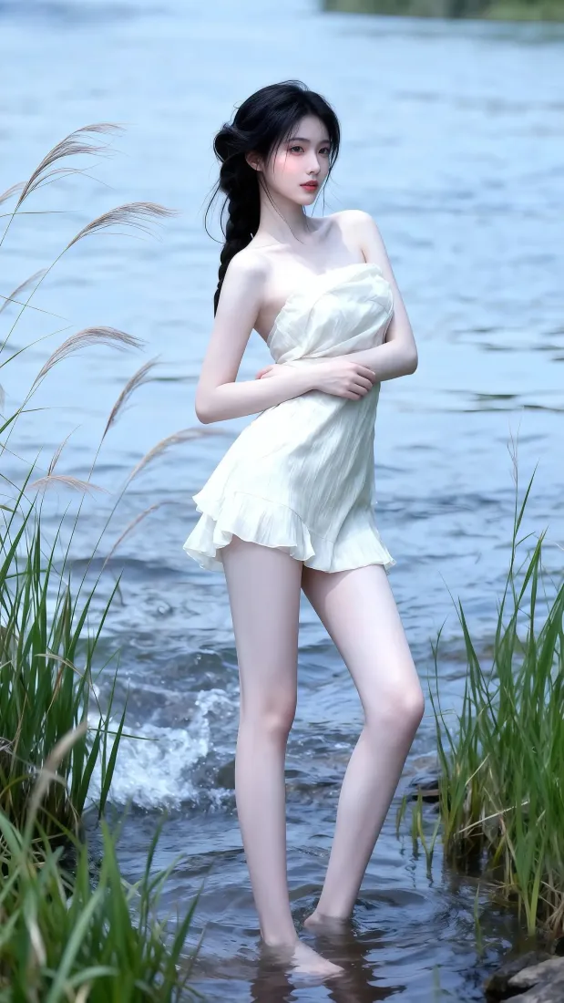 白衣美女手机壁纸｜水边背景图片 - 性感长发美女「哲风壁纸」